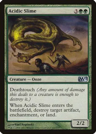 Green and gold ooze creature card art, Acidic Slime, Magic: The Gathering.