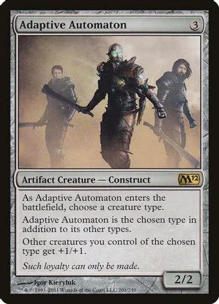 Metal automaton figure in dark armor stands with two other figures.