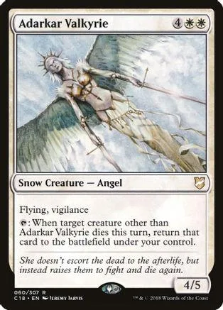 White and gold winged figure on a snowy landscape, Magic: The Gathering card.