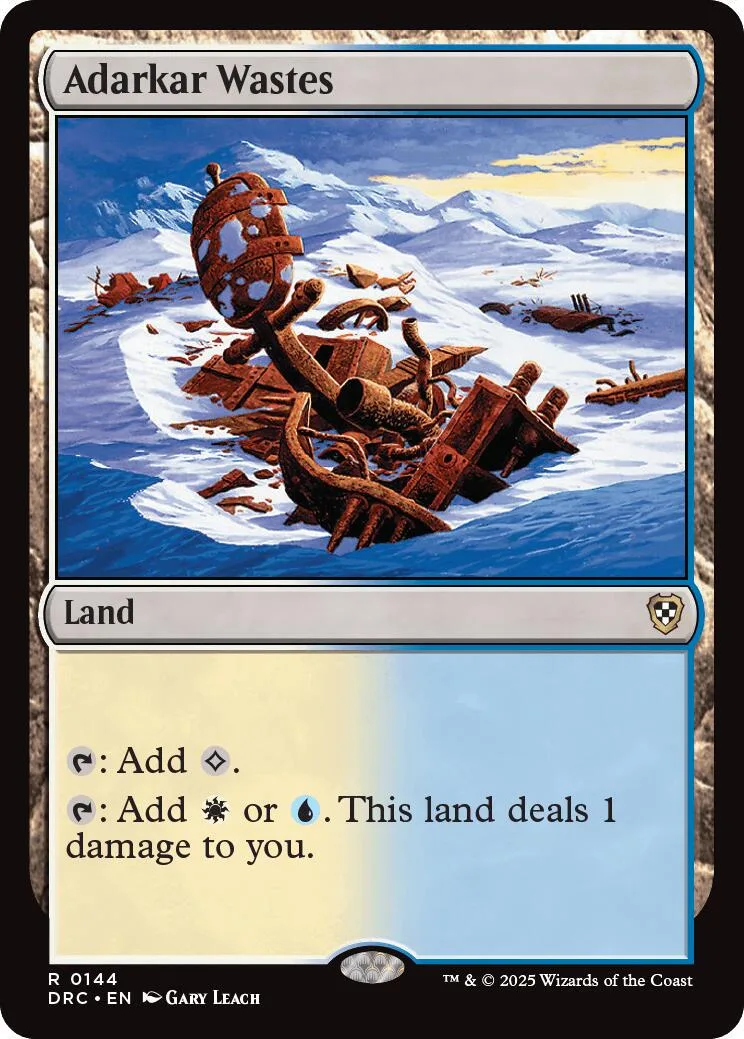 Magic: The Gathering land card, Adarkar Wastes, blue and white artwork.