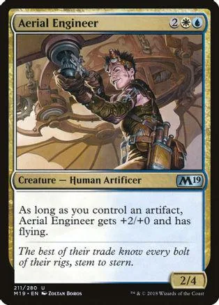 Man in steampunk gear operating machinery on a collectible card.