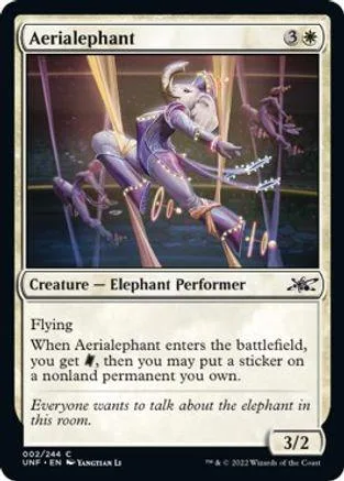 Elephant performer character in purple and silver costume, on a stage.
