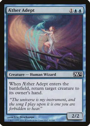Wizard figure in blue and purple light on a fantasy landscape card.