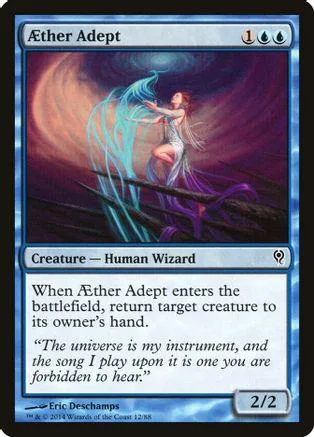 Wizard figure in blue and purple light on a Magic: The Gathering card.