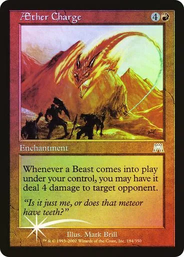 Orange and yellow dragon on a mountain landscape, "Aether Charge" card.