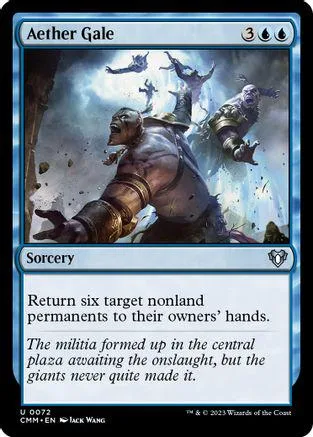 Blue and black Magic: The Gathering card, Aether Gale, showing a battle scene.