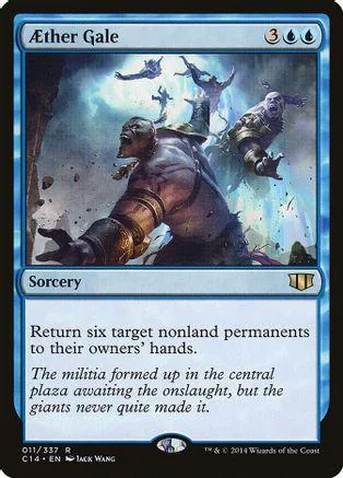 Blue and black Magic: The Gathering card, Ether Gale, fantasy scene.