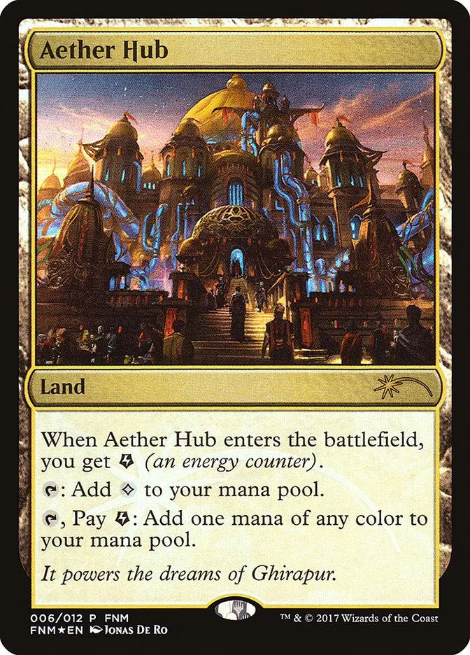 Magic: The Gathering card, Aether Hub, fantasy city scene, land type.
