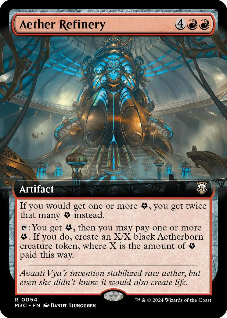 Blue and gold mechanical refinery artwork on a Magic: The Gathering card.