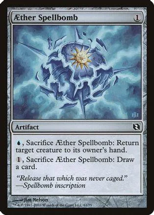 Blue and white card art of an exploding, star-like artifact.