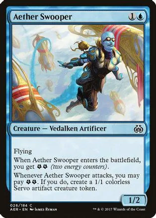 Blue-skinned winged creature on a card, showing flying and attacking abilities.