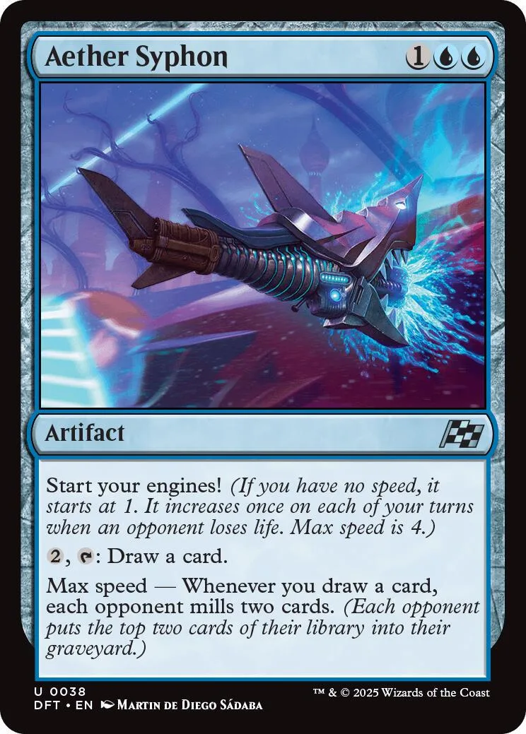 Blue and purple card art featuring a futuristic, winged spaceship in space.
