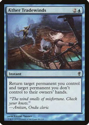 Blue and black card art showing figures on a boat in a stormy sea.