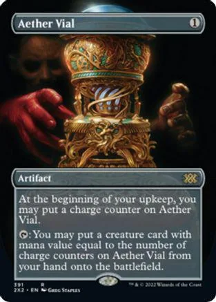 Gold and blue magical vial artifact card with ornate design.
