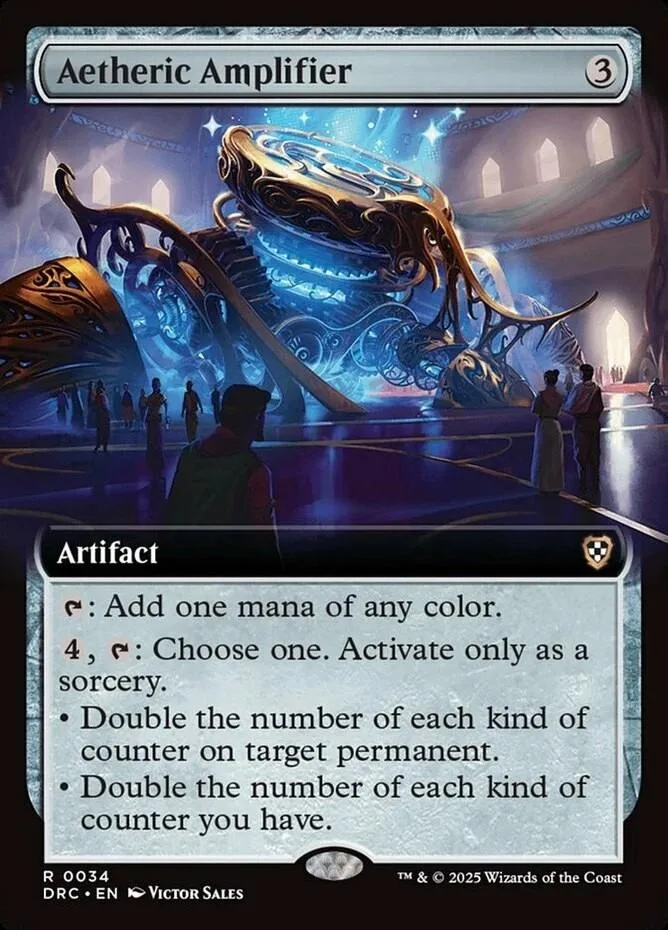 Magic: The Gathering card, Aetheric Amplifier, blue and gold artwork.