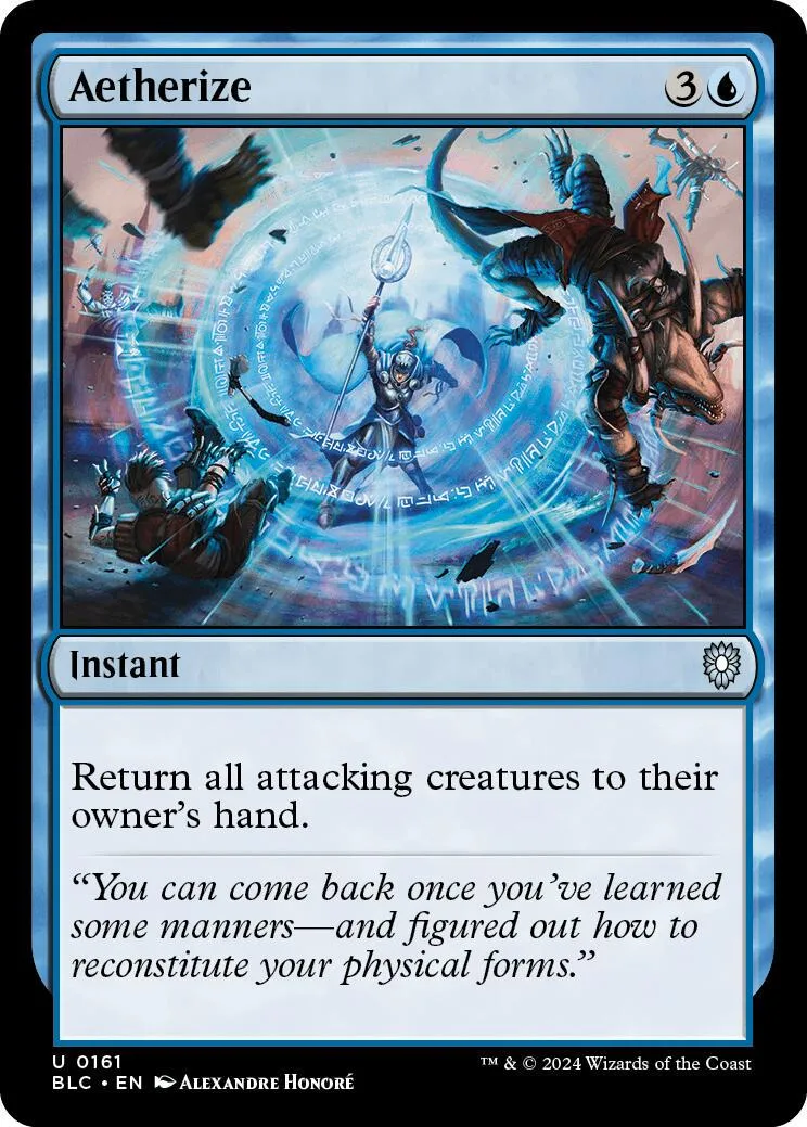 Blue and white Magic: The Gathering card, Aetherize, showing a dynamic fantasy scene.