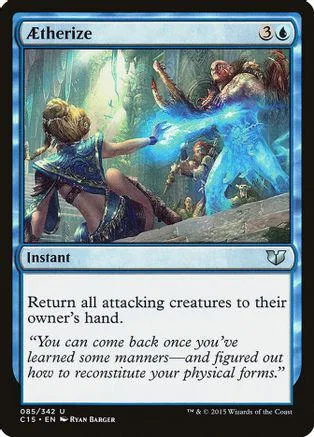 Blue and green magic card art showing a figure casting a bright blue spell.