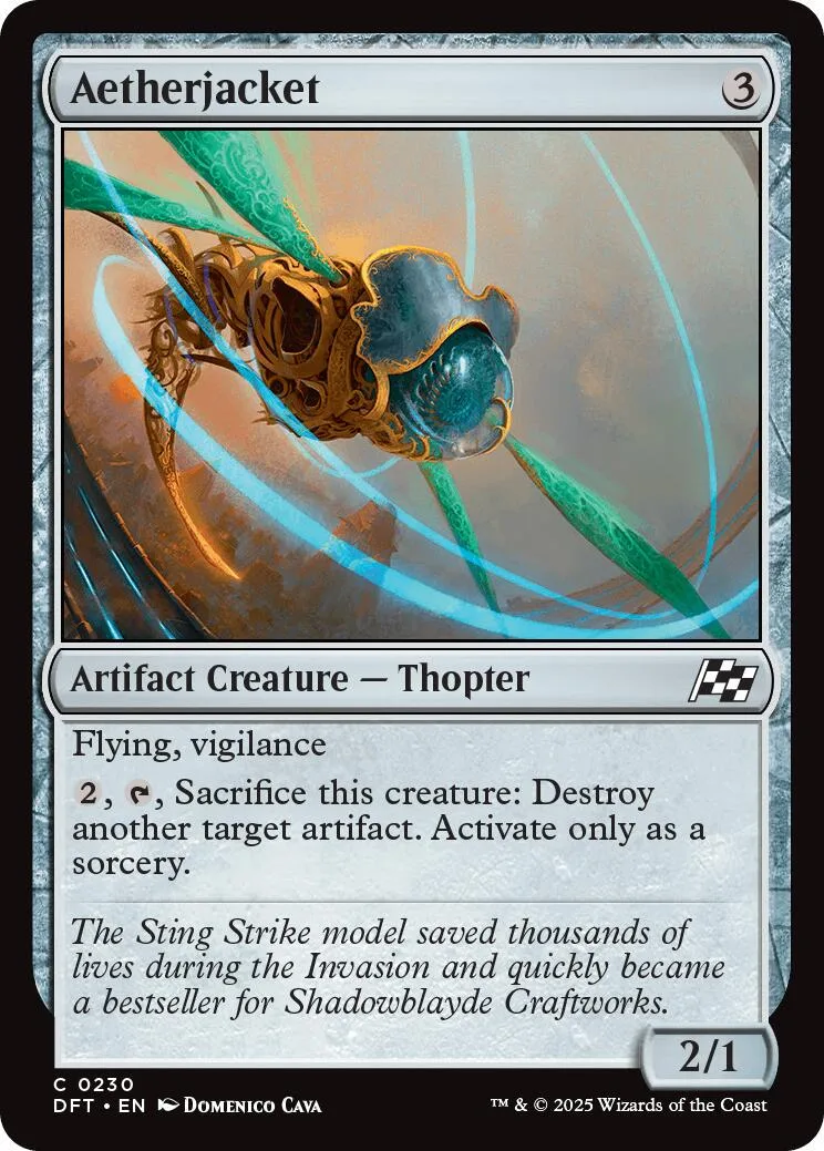 Bronze and teal mechanical insect creature card art.