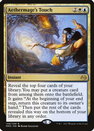 Magic: The Gathering card, Aethermage's Touch, fantasy art, blue and gold tones.