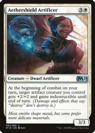 Dwarf artificer card art, blue glowing orb, black and white card frame.