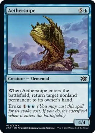 Green, scaly creature on a rock in a blue and purple landscape. Magic: The Gathering card.