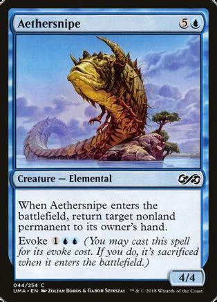 Large, golden, spiky elemental creature on a blue and purple landscape card.