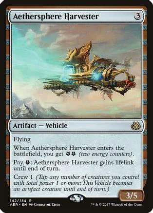 Metal vehicle flying through sky on a Magic: The Gathering card.