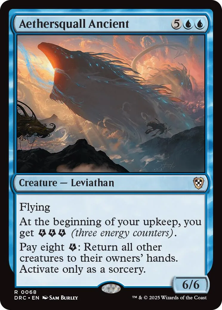 Blue leviathan creature card art, dark and fiery sky, 6/6 stats.