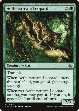 Leopard creature card art, brown and green jungle scene, black border.