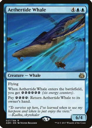 Large blue whale swimming in ocean, black and blue card art.