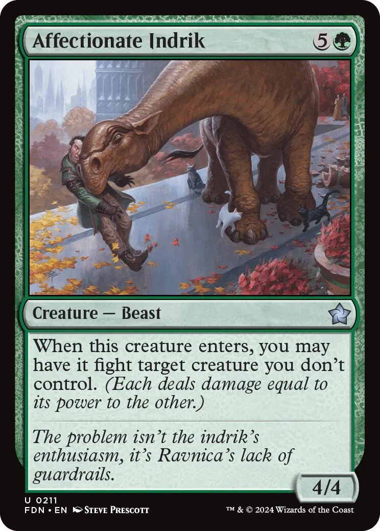 Large brown beast leans toward a person in a landscape scene.
