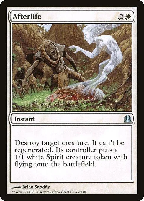 White spirit figure attacks brown creature in forest setting. Magic: The Gathering card.