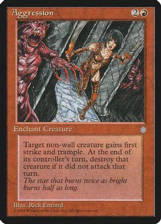 Red and black fantasy art card featuring a monstrous figure and a woman.