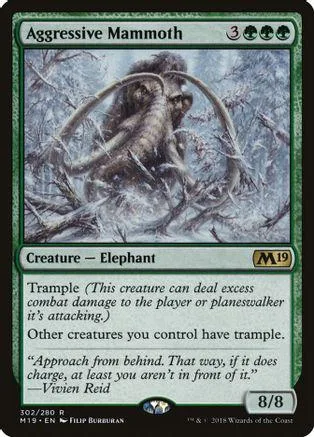 Mammoth creature card art, brown and grey, showing a charging mammoth in a snowy forest.
