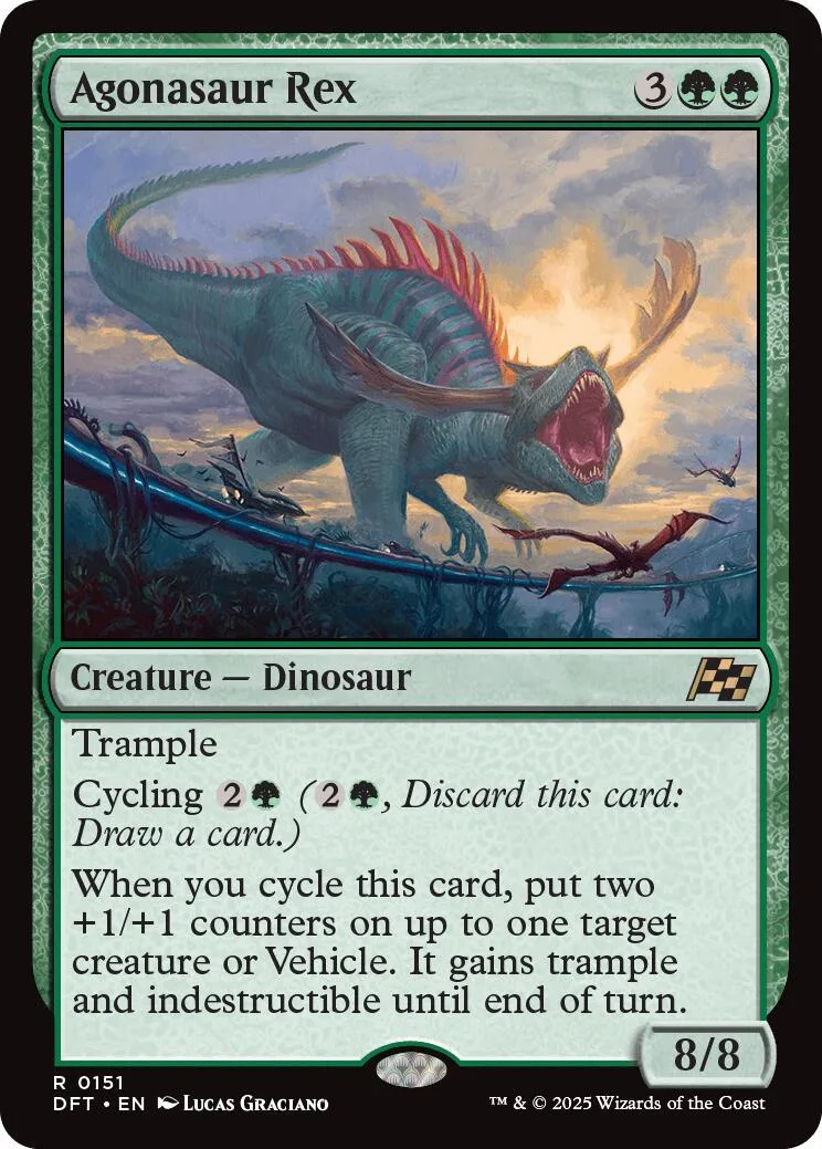 Blue-green dinosaur creature card art, Aggonasaur Rex, with 8/8 stats.