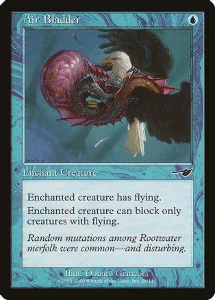 Purple and black creature with wings on a blue card. Enchantment creature card.