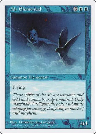 Blue and white card art featuring a figure in water and a dark bird.