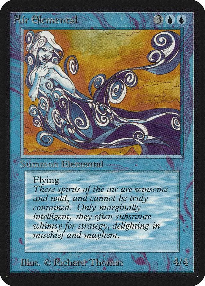 Blue and purple elemental spirit on a card with orange background.