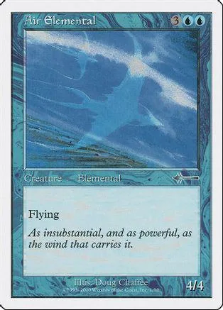 Blue and white elemental creature card, "Air Elemental," with flying ability text.