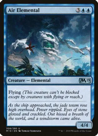 Blue and white Magic: The Gathering card, Air Elemental, showing a stormy sky.