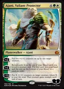 White and green creature card, Ajani, Valiant Protector, in a standard card frame.