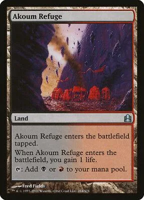 Dark fantasy landscape with tents; "Akoum Refuge" land card.