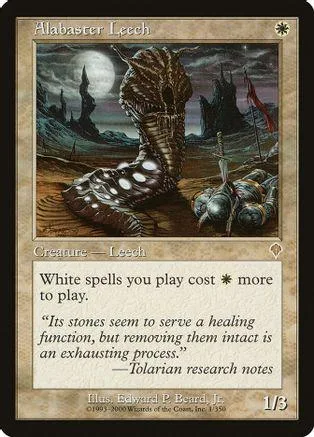 Large, brown, segmented creature on a dark, moonlit landscape card.