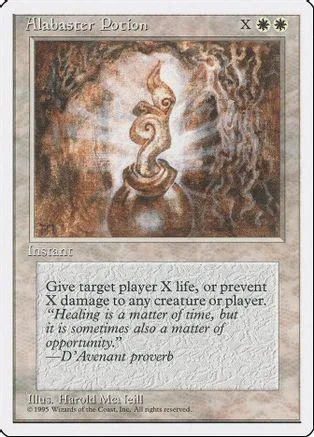 White potion swirling in a dark, textured background on a trading card.