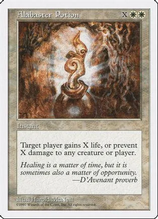 White and brown fantasy art card titled "Alabaster Potion" with game text.