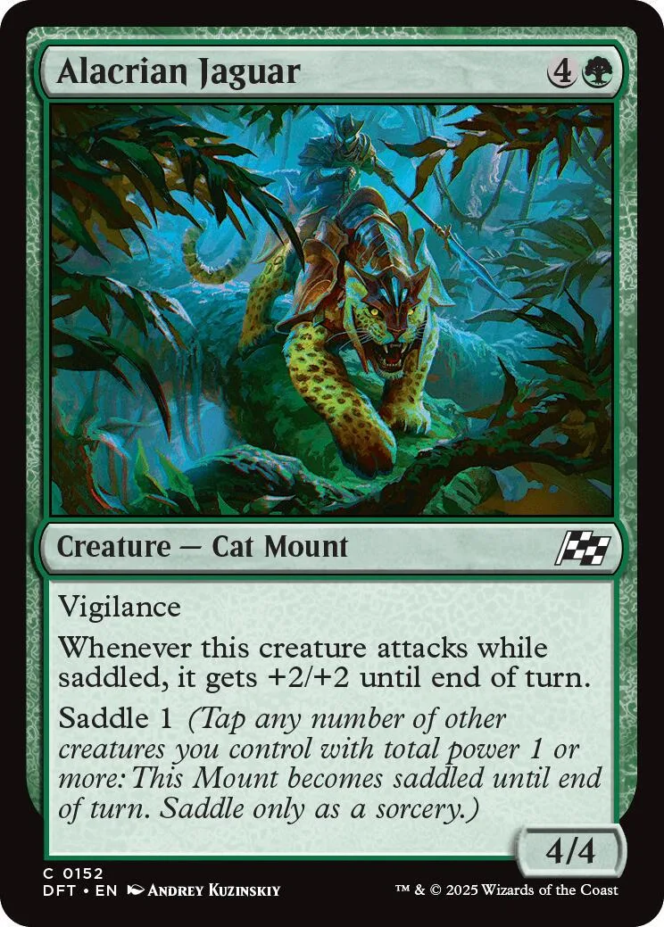 Green jaguar creature on jungle foliage, black and white card frame.