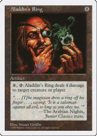Man with goggles and ring, dark fantasy art on a trading card.