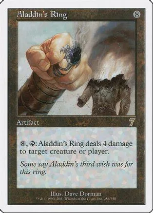 Close-up of a hand gripping a glowing ring, dark fantasy art on card.