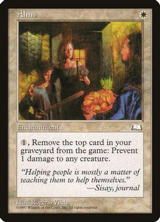 Card art depicts two figures in a dimly lit room. Text reads "Alms.
