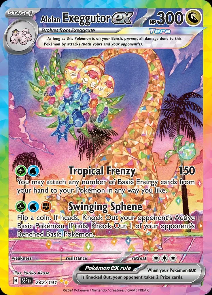 Colorful Pokémon card featuring a multi-colored, floral creature.